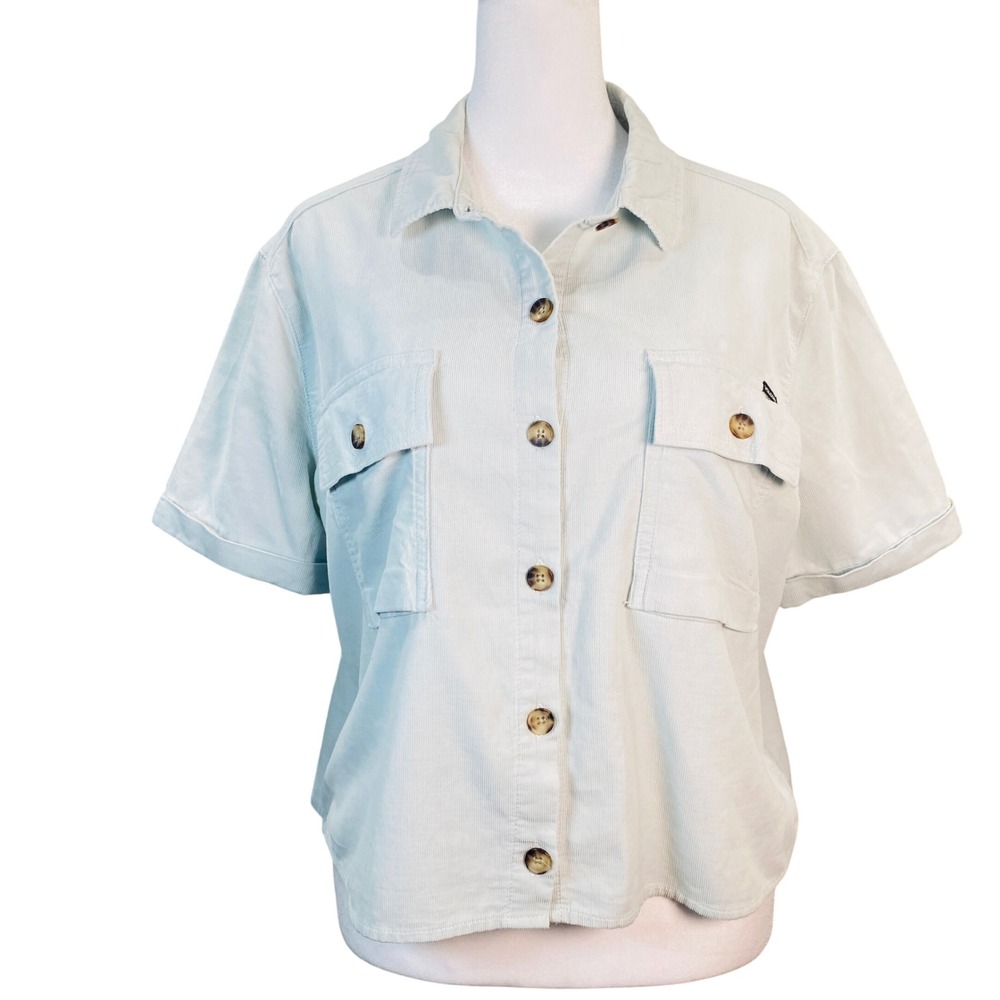 Volcom Womens Short Sleeve Corduroy Button Down Shirt Light Blue Size Med Beach‎